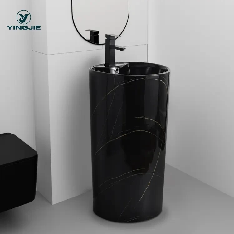 Factory Unique Design Marble Black Bathroom Round Pedestal Floor Mounted Freestanding Basin