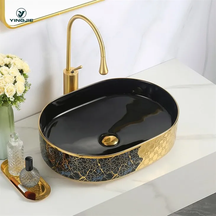 Black & Gold Crackle Electroplated Basin for Minimalist Bathrooms