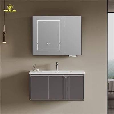 Floating Vanity Unit In Deep Grey With Lighted Mirror Cabinet And Side Bottle Column