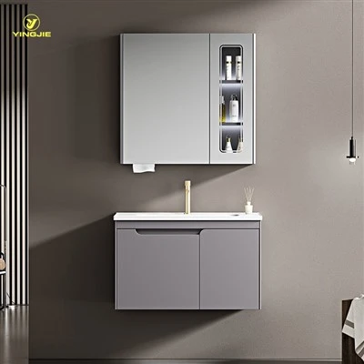 Grey Floating Vanity With Twin-Door Mirror Cabinet And Lit Open Shelf